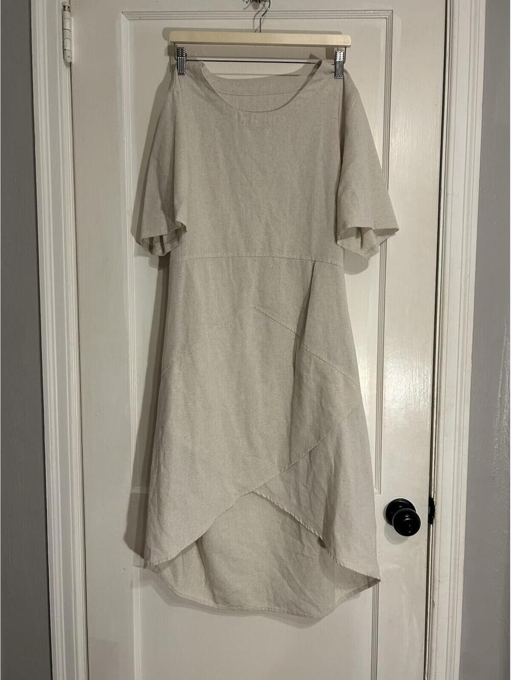 Lagenlook L Linen Cotton Blend Midi Dress Beige Cream Layered Look POCKETS!